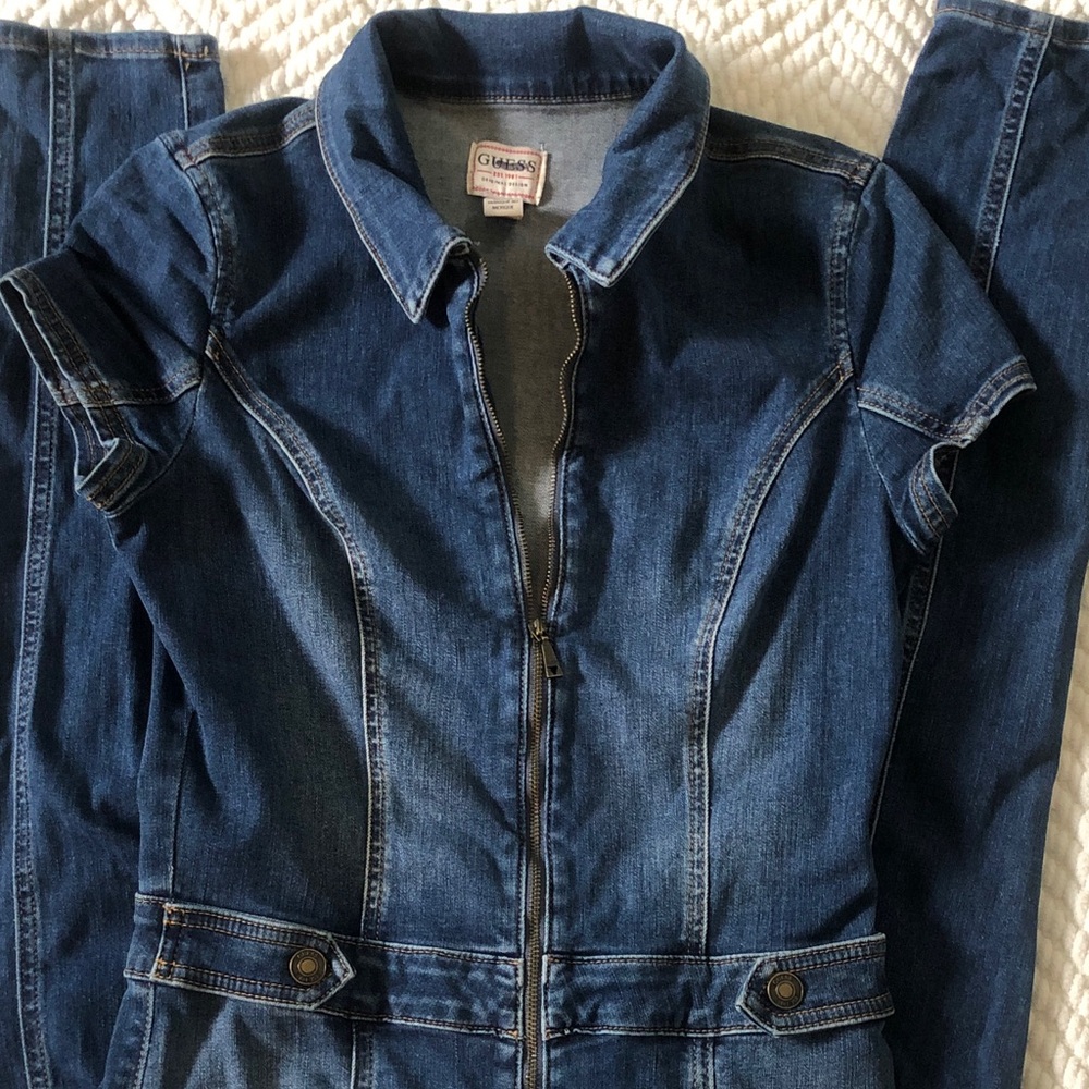 Guess Women's Dark Blue Denim Zip-Front Jeans Overalls